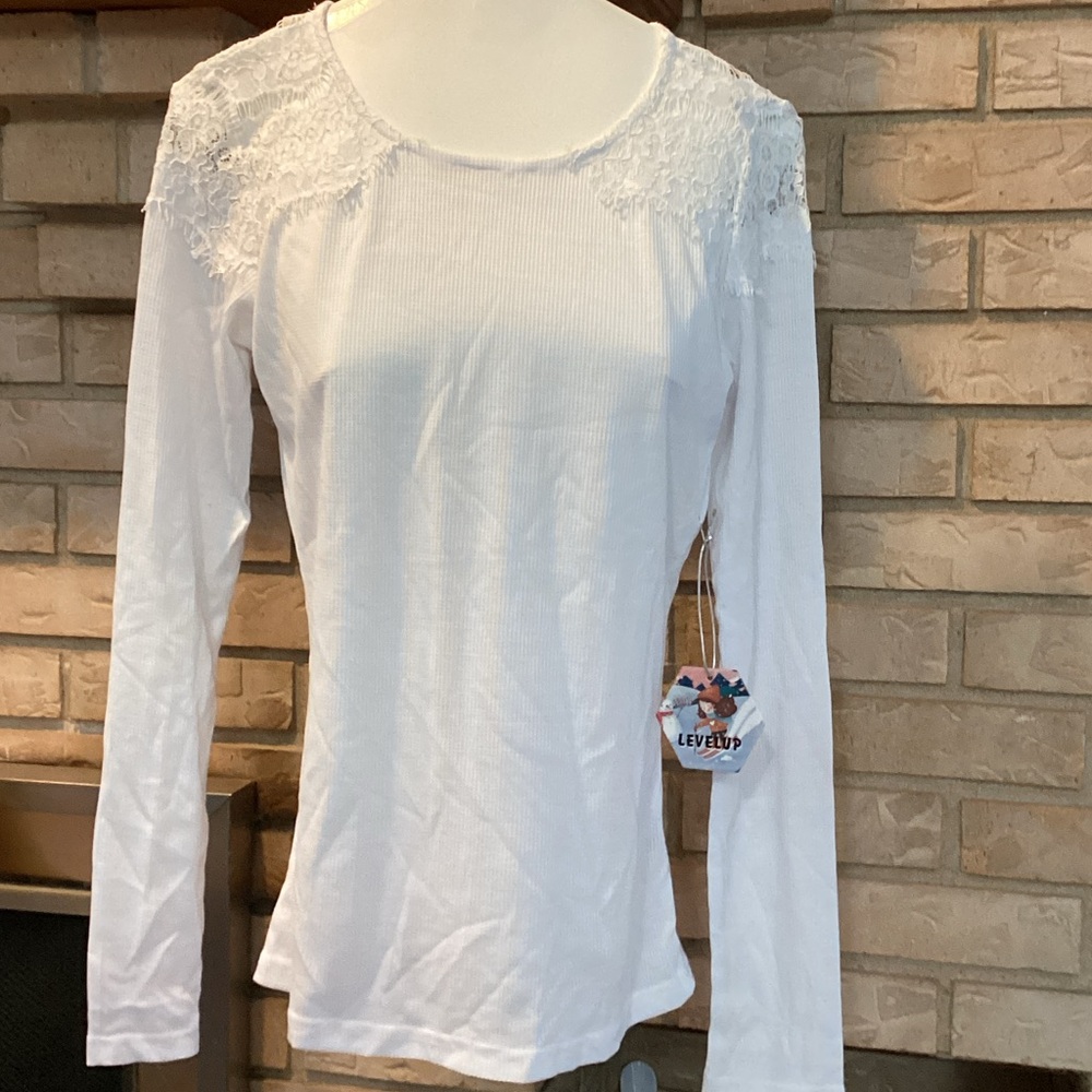 Leve Up White Lace shoulder Long Sleeve sheer Top